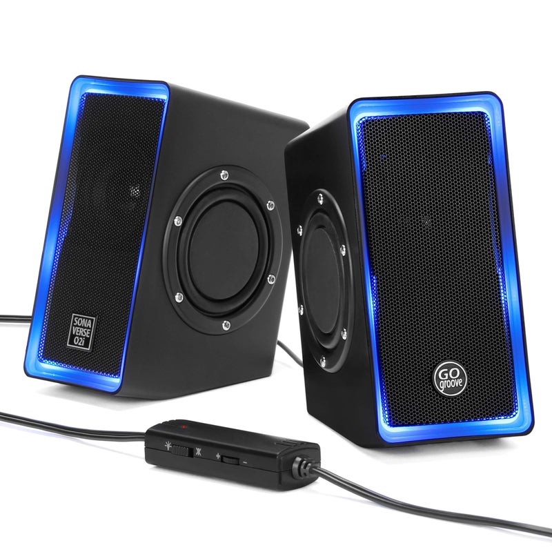 GOgroove Gaming Computer Speakers with Blue LED Light - SonaVERSE O2i Speakers for Desktop, Laptop, PC - USB Speaker 2.0 with AUX Input, in-Line Volume Control, Bass Stereo Sound, 14W (Black) - Image 1